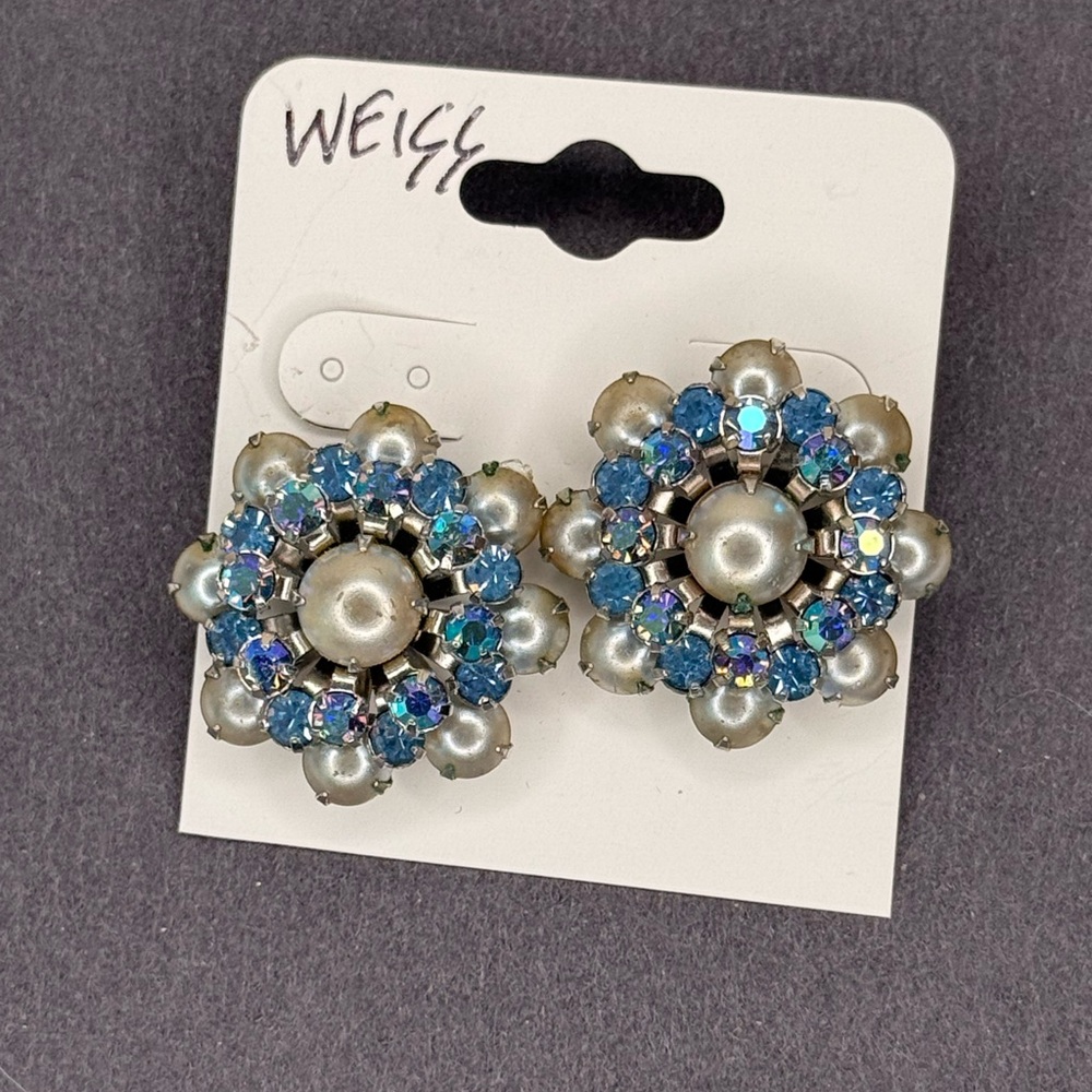 VTG Weiss Earrings Blue AB Rhinestones Faux Pearls, 50s Clip-On Signed Jewelry - Picture 3 of 7